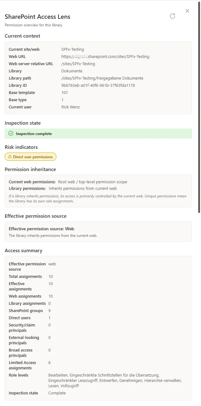 SharePoint Access Lens panel overview