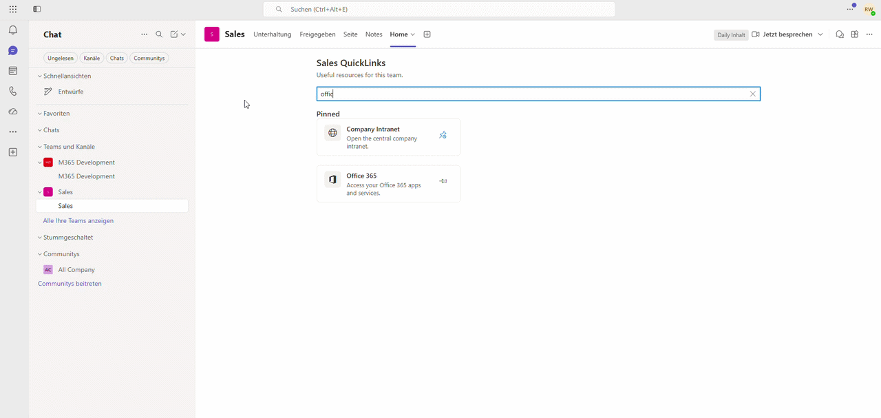 Search function for QuickLinks